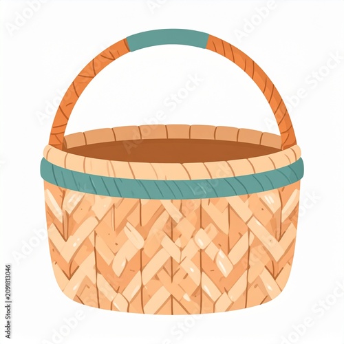Colorful woven basket with striped rim on wooden surface.
