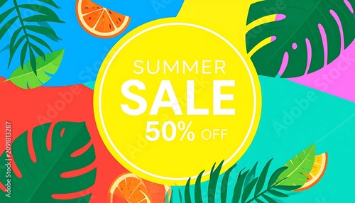 Bright Tropical Summer Sale Sign Displayed on Colorful Leaf and Citrus Background