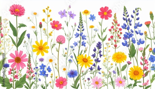 Colorful wildflower meadow with daisies and poppies in bloom.
