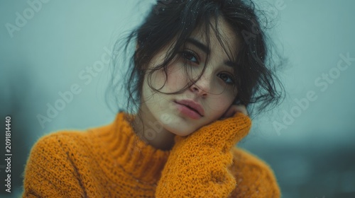 Close-up portrait of a young woman with messy hair wearing an orange sweater against a blurred