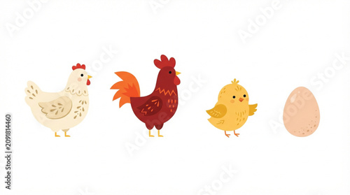 Cute flat vector chicken family collection with colorful hen rooster baby chick and farm egg illustrations for kids