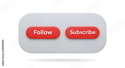 Red Follow and Subscribe buttons on a rounded white panel 3D render isolated clean design