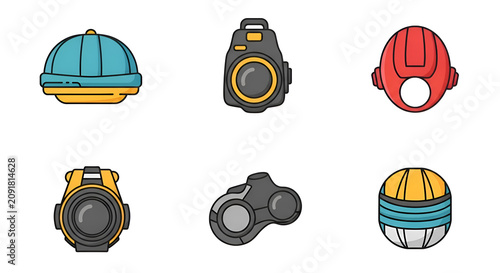 Set of six cartoon icons for sports gear and equipment including a hat camera helmet whistle and ball
