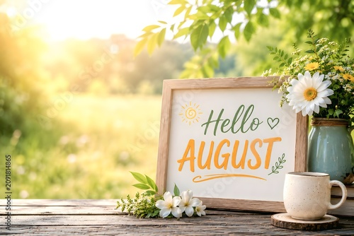 Hello August Floral Garden Background with Rustic Wooden Frame, Coffee Mug and Copy Space, Bright Summer Seasonal Banner