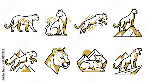 Photography Mountain Lion Vector Icons - Wild Cat Poses with Mountains