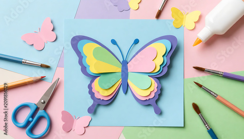 Paper butterfly craft project with scissors and art supplies flat lay