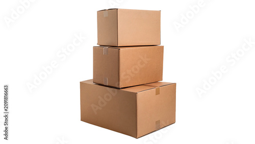 Fotografía Stack of square empty brown cardboard delivery boxes isolated on a transparent b