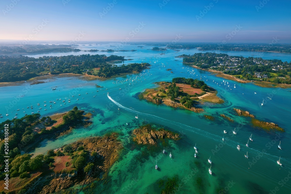 Obraz premium Coastal waterway islands surrounded by turquoise sea and white sailboats from an aerial perspective for luxury travel and tourism advertising