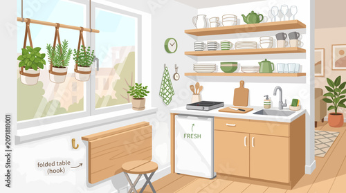 Cozy kitchen interior illustration with folding table and fresh plants near the window.