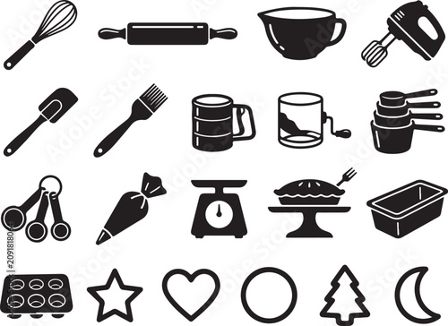 Baking icons, kitchen utensils, cooking symbols, 25 black vector graphics