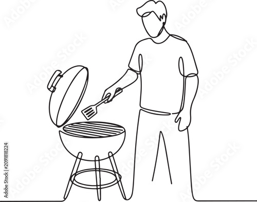 Single-line art illustration featuring a man or chef preparing food on Charcoal Grill Line Art Illustration