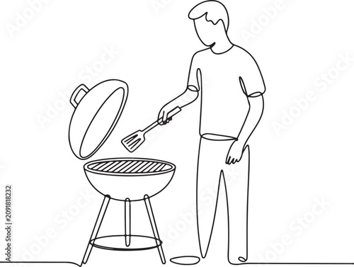 Single-line art illustration featuring a man or chef preparing food on Charcoal Grill Line Art Illustration