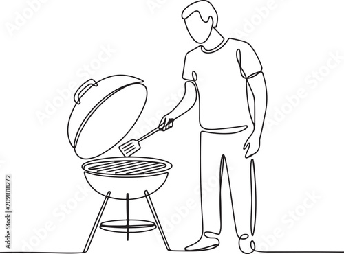 Single-line art illustration featuring a man or chef preparing food on Charcoal Grill Line Art Illustration