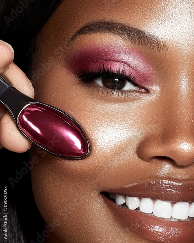 Radiant Beauty with Pink Eye Makeup and Serene Skin Tone in Surreal Setting