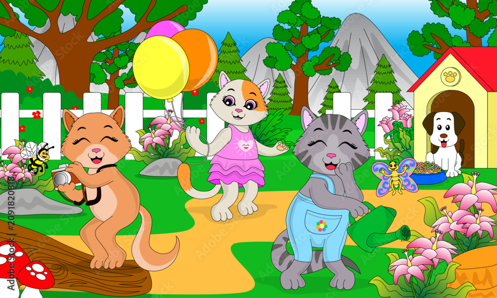Naklejka premium Three cartoon cats and a dog enjoying a vibrant park with balloons, flowers, and a playground swing kittens