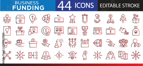 Business funding and startup investment icon set containing 44 linear vectors with editable stroke. Icons set