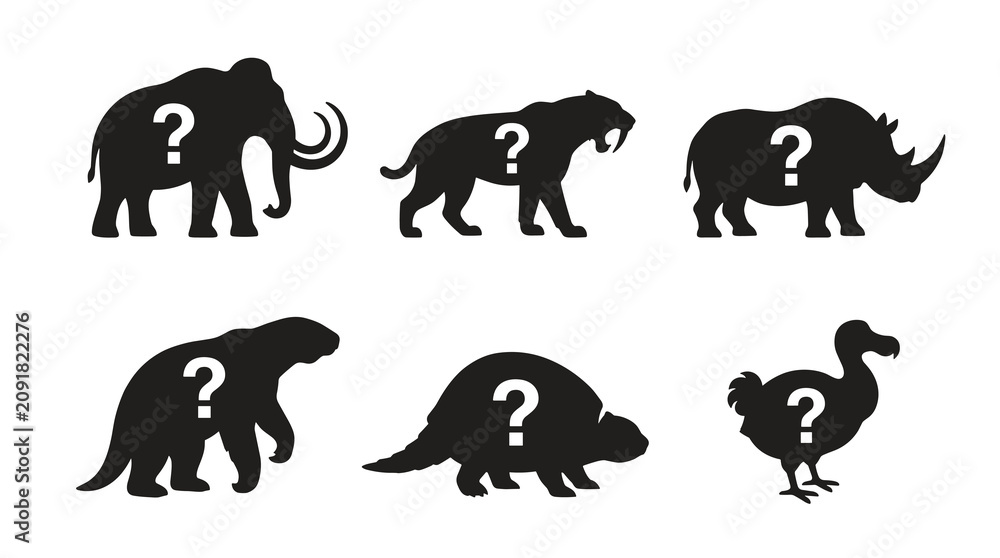Fototapeta premium Silhouettes of prehistoric animals with question marks, extinct mammals, paleontology illustration, zoology concept