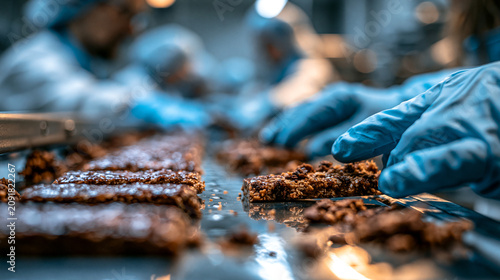 Worker wearing protective blue gloves manufacturing granola bars on production line with energy bar