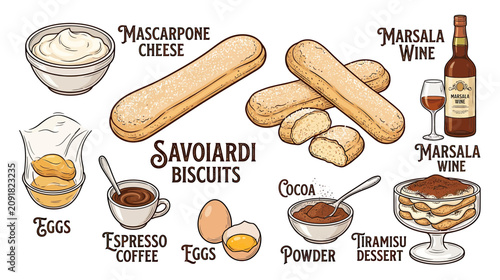 Tableau sur toile Tiramisu Ingredients: Savoiardi Biscuits, Mascarpone, Eggs, Coffee, Cocoa, Marsa