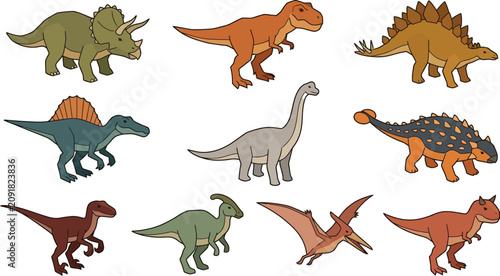 Fotografía Collection of colorful prehistoric dinosaur characters including t-rex, tricerat