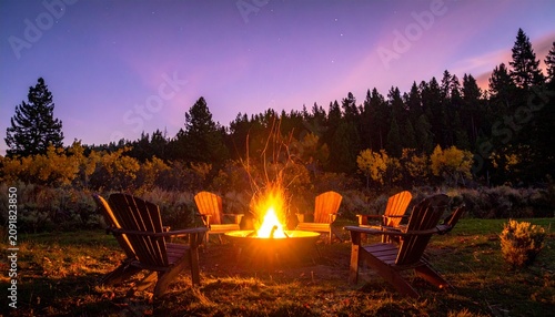 Campfire in forest with glowing embers and logs.