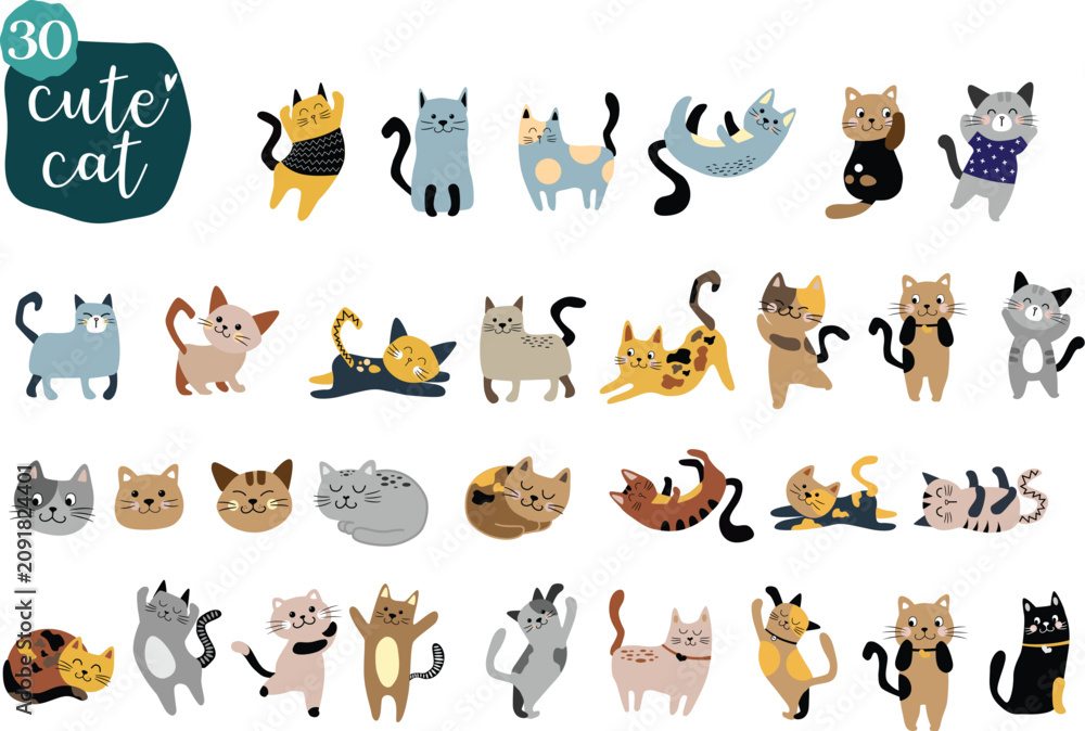 Obraz premium Colorful cartoon cats in sitting, standing, and sleeping poses, isolated on white background, cat poses