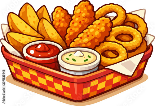 Bild auf Leinwand Crispy Fried Chicken Strips, Onion Rings, and Potato Wedges in Red Checkered Bas