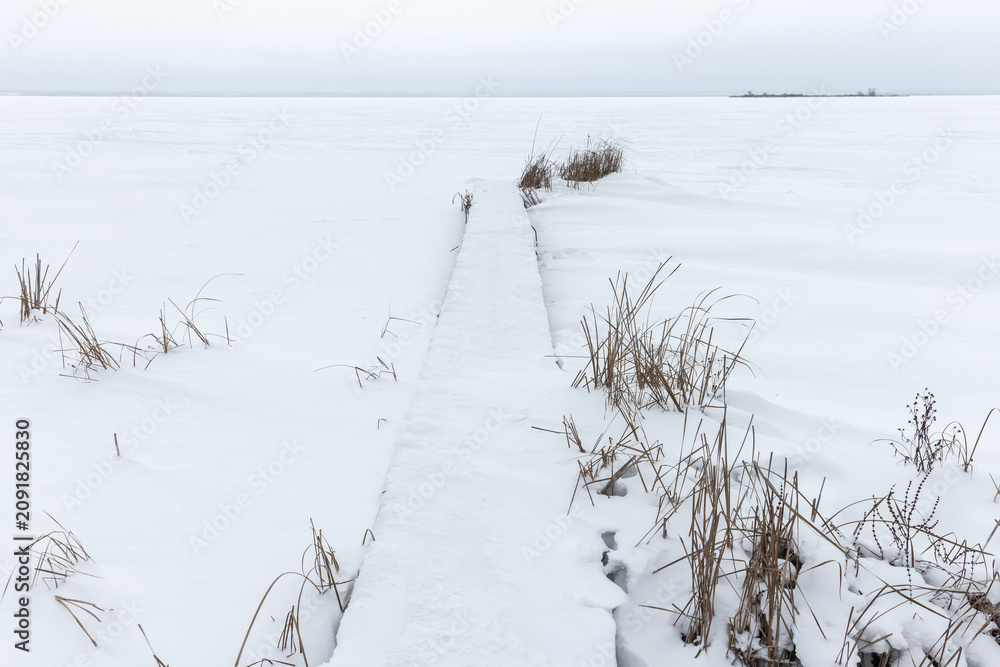 Naklejka premium A narrow snow-covered boardwalk leads across a vast frozen lake edged with dry reeds, evoking stillness, solitude and minimal winter beauty under a pale, overcast sky