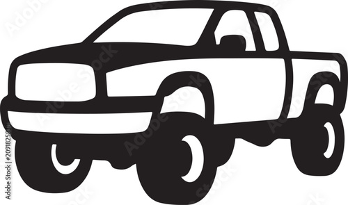 Black truck, pickup truck icon, vehicle silhouette, monochrome illustration, large tires