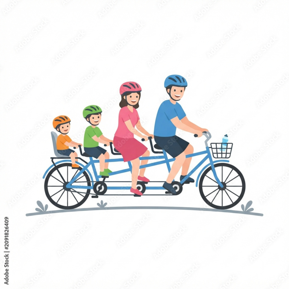 Fototapeta premium Family riding tandem bicycle, parents with kids, cycling together, bike ride, outdoor fun