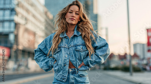 Confident young woman posing in blue denim jacket on urban city street with lifestyle, portrait