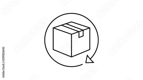 Minimalist outline icon of a cardboard delivery box with a circular return arrow.