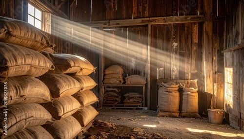 Rustic wooden wine barrels stacked in cellar storage.