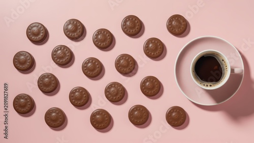 A delightful arrangement of chocolate biscuits and a cup of coffee on a pink background, evoking a moment of sweet indulgence.