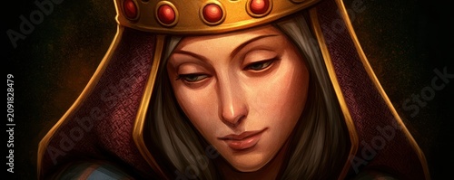 Portrait of  medieval queen wearing  golden crown with red gemstones and  purple hooded cloak