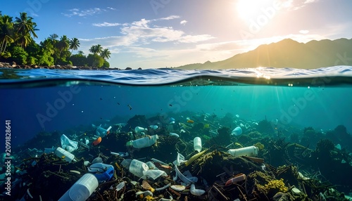 Tropical Ocean Surface Above Plastic Waste Covered Seafloor Near Island Coast