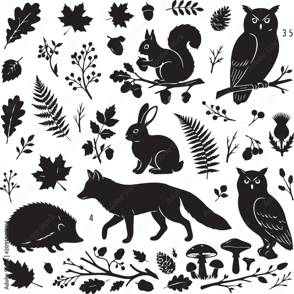 Obraz premium Set of black silhouettes of forest animals and autumn plants, isolated on transparent background for design.