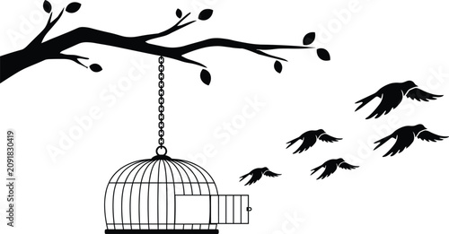 Фотография Birds escaping from an open cage hanging on a tree branch black silhouette isola