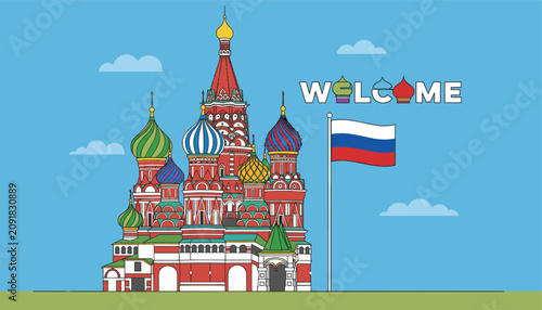 Illustration of Saint Basil Cathedral in Moscow with a Russian flag and the word Welcome in a festive and colorful font design.