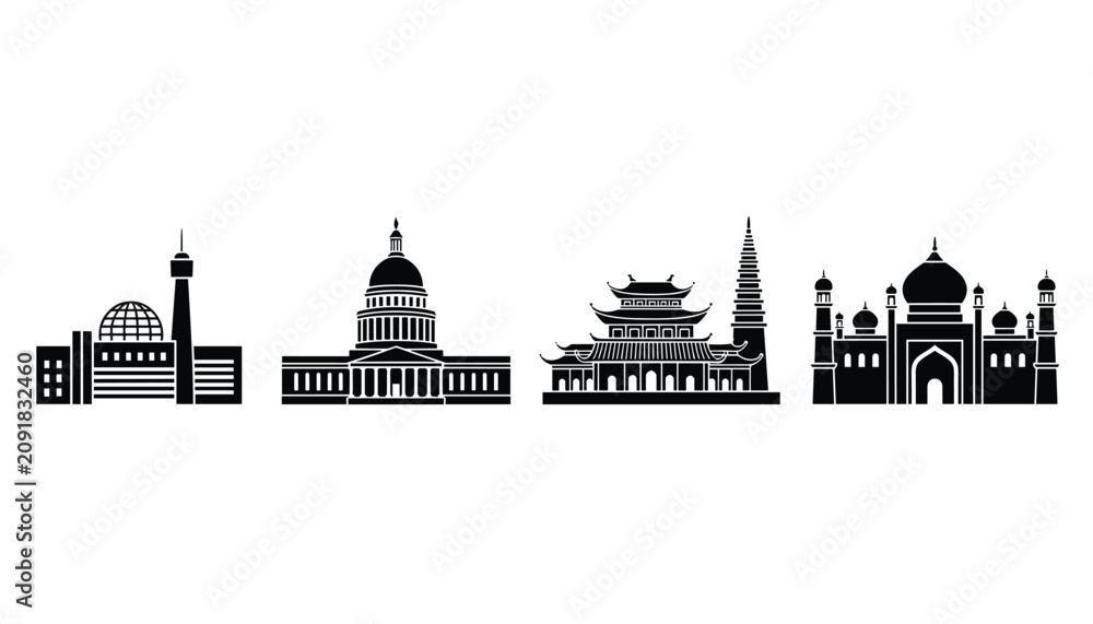 Naklejka premium Set of four black and white building silhouettes representing international landmarks and architectural styles from around the world.