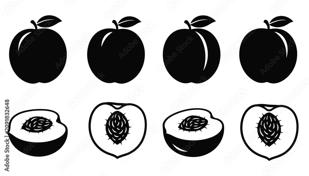 Naklejka premium Set of eight black and white icons showing whole apples and sliced peaches with pits on a clean white background.