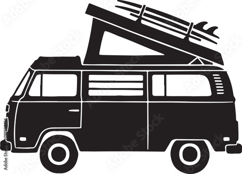 Black van with surfboard, vector camper van, surf van icon, minimalist vehicle