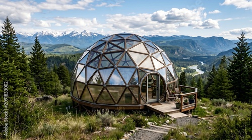 Modern Glass Geodesic Dome Cabin Overlooking Mountain Valley in Forest Landscape