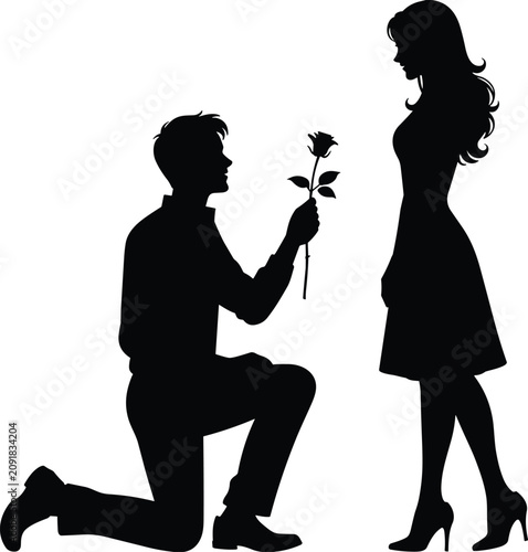 Photos Man kneeling proposing with rose flower to woman romantic couple black silhouett