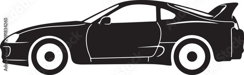 Black sports car, vector silhouette, side view, car icon, automotive illustration