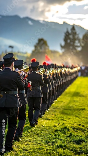 Uniformed Brass Band Marching in Sunlit Grassy Field with Mountain Backdrop