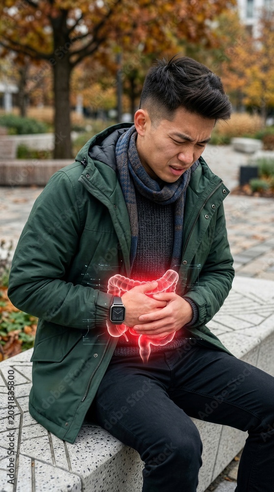 Obraz premium Asian man holding stomach in pain with glowing intestine projection. Health concept of abdominal discomfort, digestion issue or internal organ problem. Medical technology visualization.