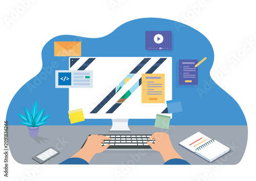 Businessman coding a website on a desktop computer in a modern flat illustration style