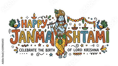 Vibrant and festive illustration celebrating Janmashtami with Lord Krishna and colorful decorations emphasizing cultural joy and