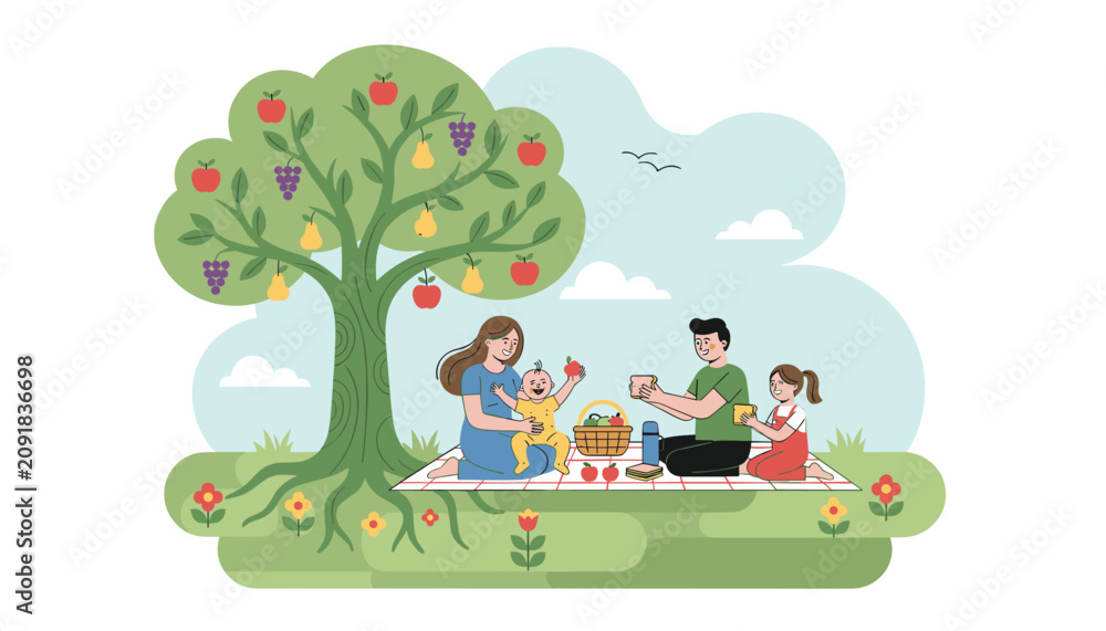 Fototapeta premium Happy family enjoys an outdoor autumn picnic together on a blanket under a large fruitful apple tree in the park.
